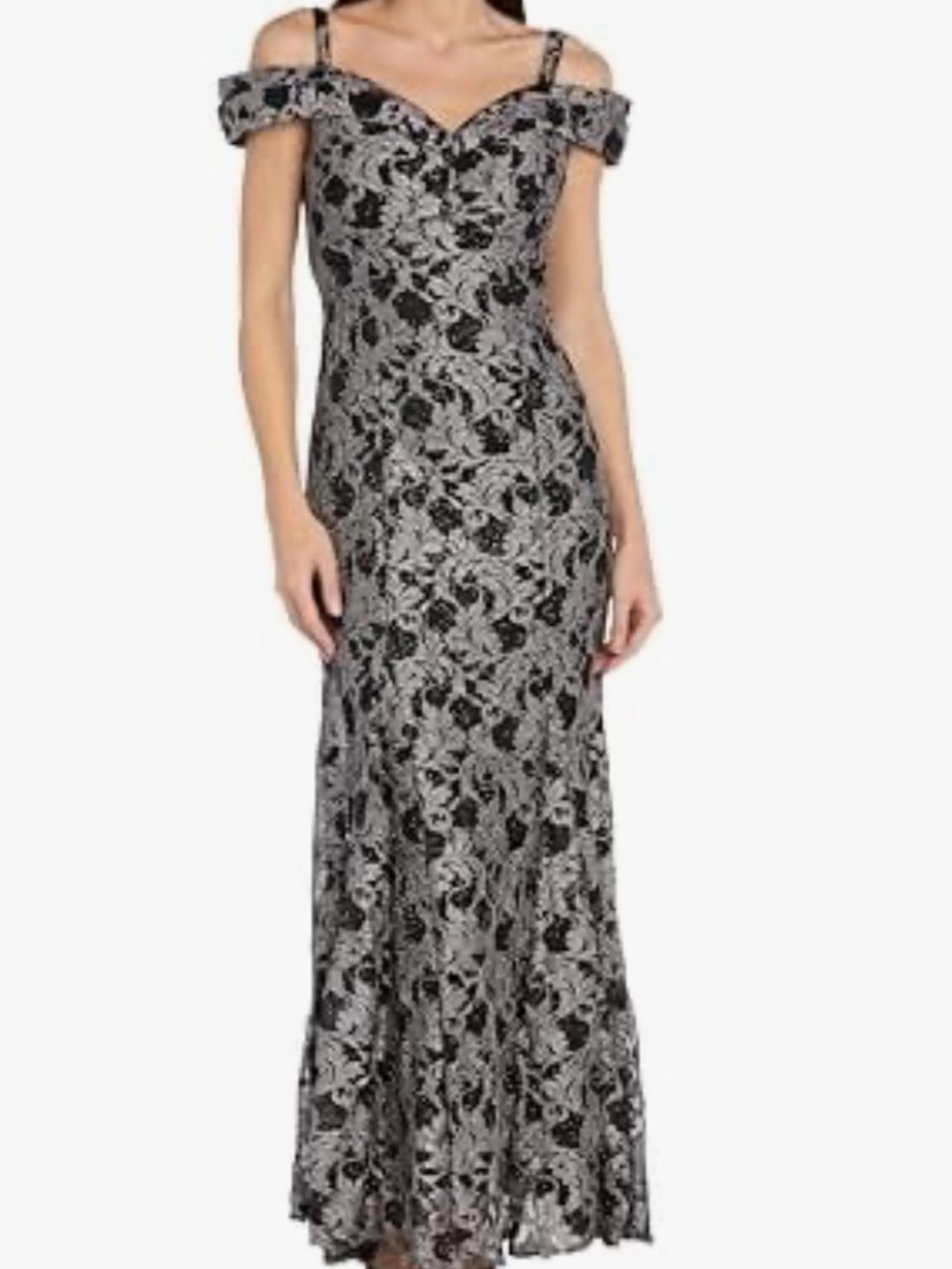 STUNNING Formal R&M Richards Black and Silver Lace Evening Gown Size 8P